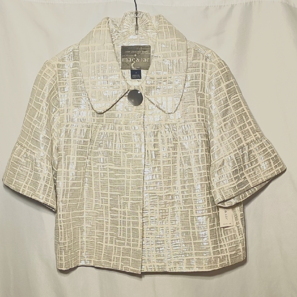 Mac & Jac Titanium White Metallic Cropped Jacket w/Bell Sleeves Size 12